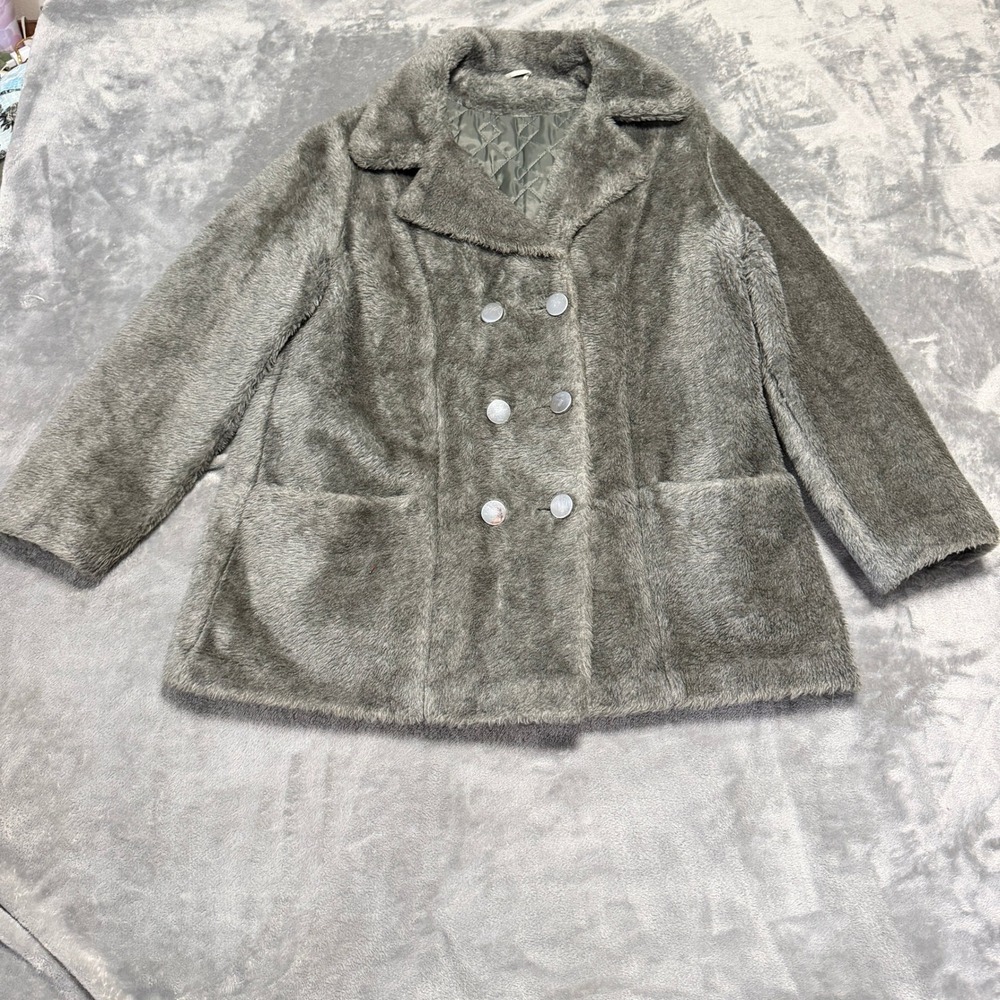 Vintage Sears The Fashion Place Gray Faux Fur Double Breasted Pea Coat Size 18